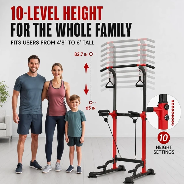 Alt view image 5 of 7 - Power Tower Pull Up Dip Station Adjustable Height 330lbs Home