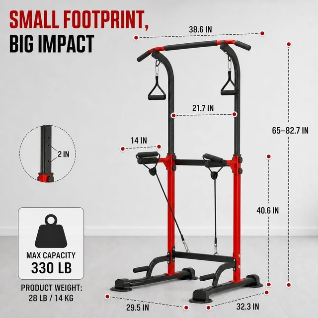 Alt view image 7 of 7 - Power Tower Pull Up Dip Station Adjustable Height 330lbs Home