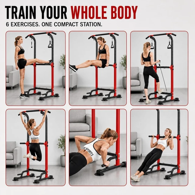 Alt view image 6 of 7 - Power Tower Pull Up Dip Station Adjustable Height 330lbs Home