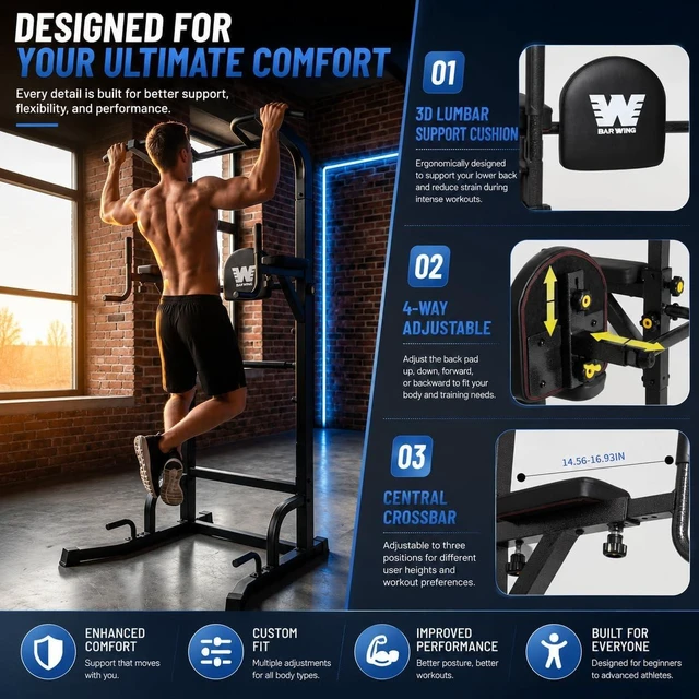Alt view image 4 of 7 - BARWING Pull Up Bar Station, Power Tower, Dip Station with 3D Backrest, Multi-Function Strength Training Stand Rack, Adjustable Height Dip Bar for Home Gym Workout Stand Fitness Exercise Equipment