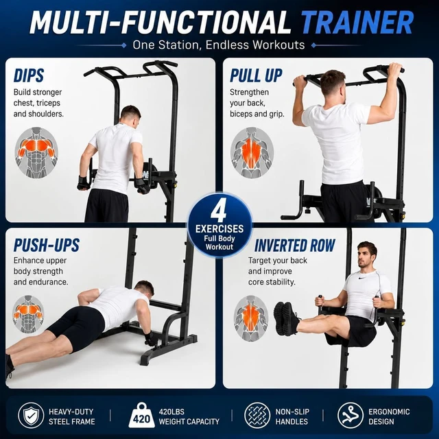 Alt view image 5 of 7 - BARWING Pull Up Bar Station, Power Tower, Dip Station with 3D Backrest, Multi-Function Strength Training Stand Rack, Adjustable Height Dip Bar for Home Gym Workout Stand Fitness Exercise Equipment