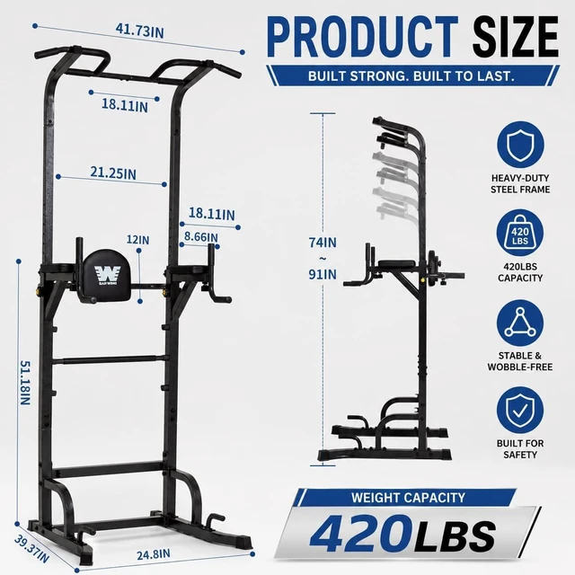 Alt view image 6 of 7 - BARWING Pull Up Bar Station, Power Tower, Dip Station with 3D Backrest, Multi-Function Strength Training Stand Rack, Adjustable Height Dip Bar for Home Gym Workout Stand Fitness Exercise Equipment