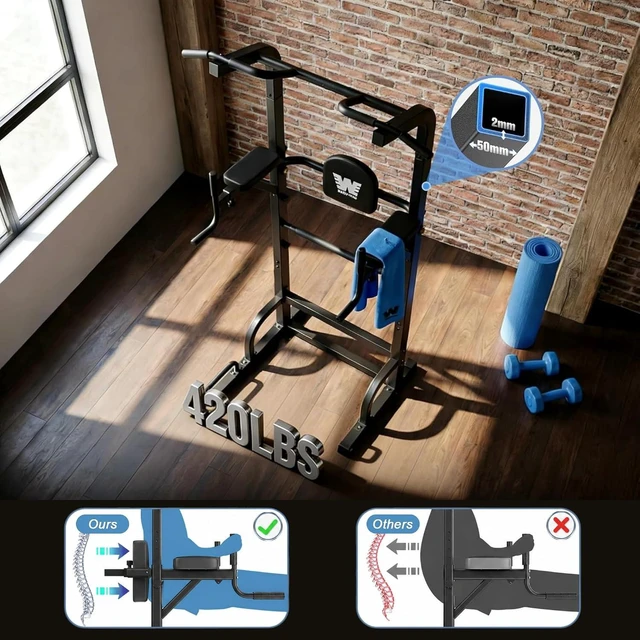 Alt view image 7 of 7 - BARWING Pull Up Bar Station, Power Tower, Dip Station with 3D Backrest, Multi-Function Strength Training Stand Rack, Adjustable Height Dip Bar for Home Gym Workout Stand Fitness Exercise Equipment
