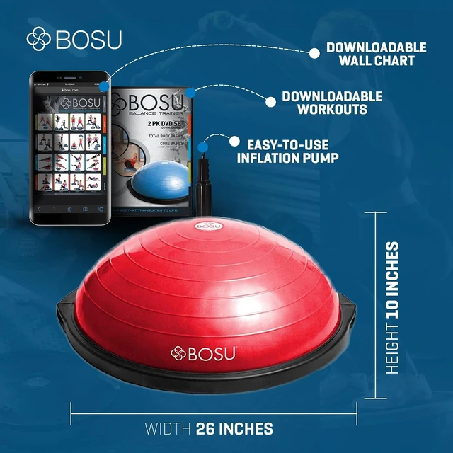 Alt view image 2 of 7 - Bosu Balance Ball Exercise Trainer, Home Gym Equipment w/Guided Workouts & Pump, 26" Inflatable Fitness Platform for Strength Training, Standing, Balancing, and Core Workout