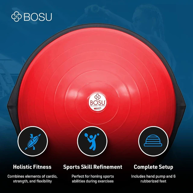 Alt view image 3 of 7 - Bosu Balance Ball Exercise Trainer, Home Gym Equipment w/Guided Workouts & Pump, 26" Inflatable Fitness Platform for Strength Training, Standing, Balancing, and Core Workout