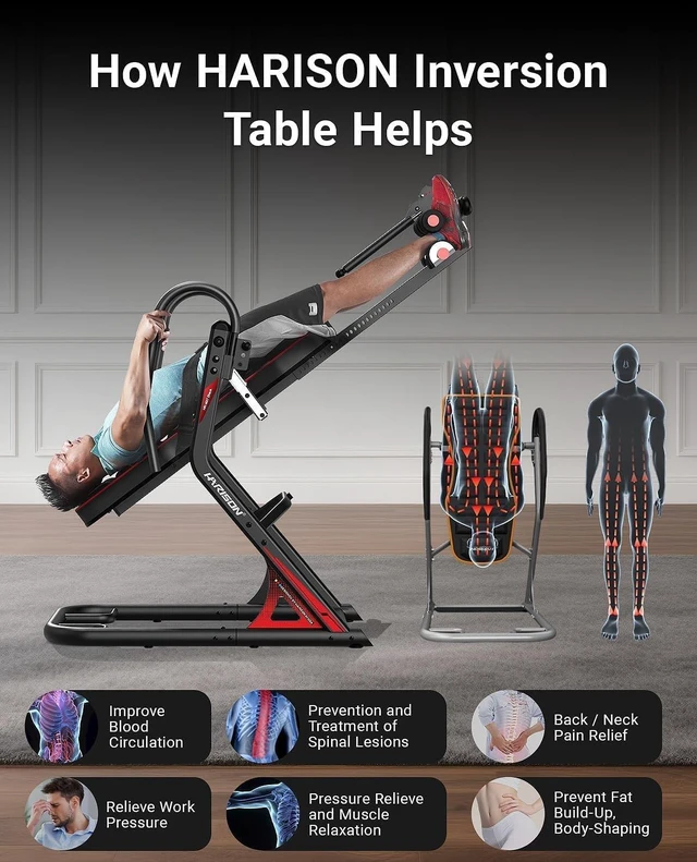 Alt view image 4 of 7 - HARISON Inversion Table for Back Pain Relief - Decompression Back Stretcher, 350LBS Capacity Strength Training Inversion Equipment, Decompression Table with Safe Belt & Comfortable Ankle Holders