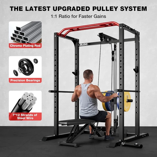 Alt view image 3 of 7 - JELENS S11 Power Cage, 2000LB Multi-Function Power Rack with LAT Pulldown, Squat Rack with Adjustable Pulley System and Training Attachments, Weight Rack for Home Gym