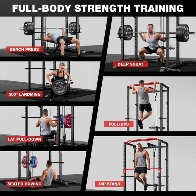 Alt view image 2 of 7 - JELENS S11 Power Cage, 2000LB Multi-Function Power Rack with LAT Pulldown, Squat Rack with Adjustable Pulley System and Training Attachments, Weight Rack for Home Gym