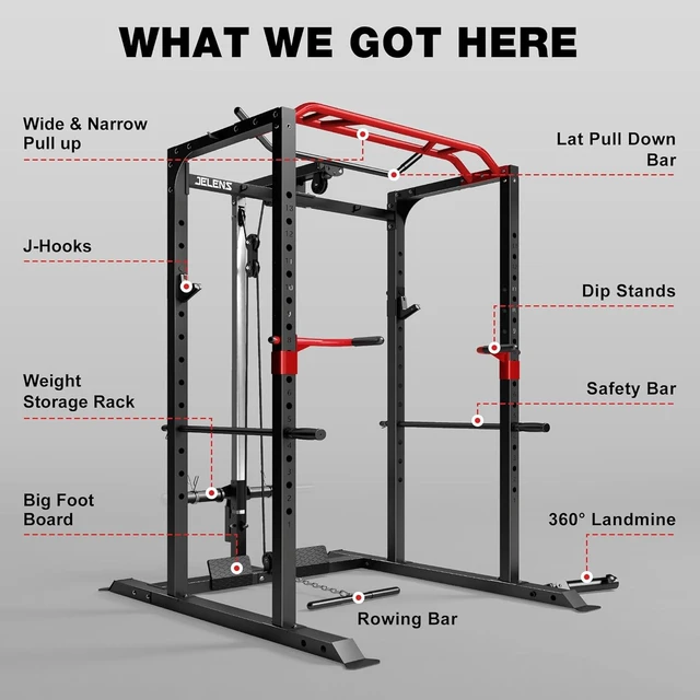 Alt view image 5 of 7 - JELENS S11 Power Cage, 2000LB Multi-Function Power Rack with LAT Pulldown, Squat Rack with Adjustable Pulley System and Training Attachments, Weight Rack for Home Gym