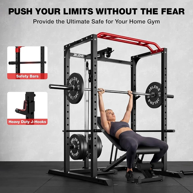 Alt view image 7 of 7 - JELENS S11 Power Cage, 2000LB Multi-Function Power Rack with LAT Pulldown, Squat Rack with Adjustable Pulley System and Training Attachments, Weight Rack for Home Gym