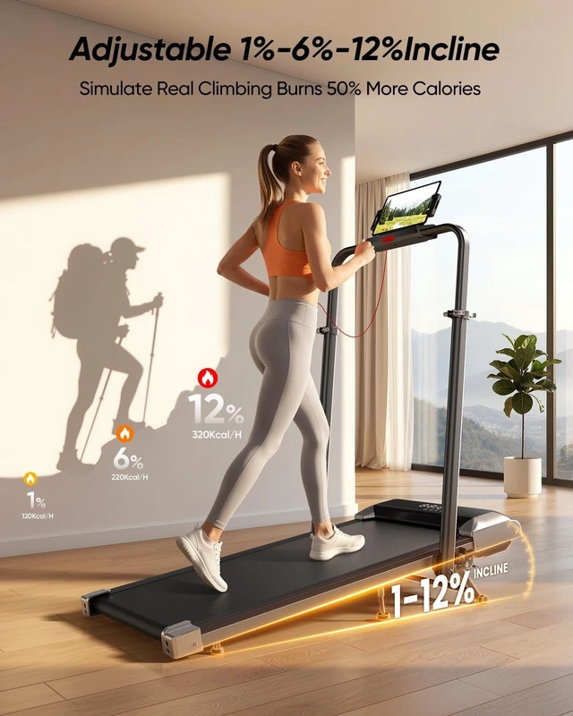 Alt view image 3 of 7 - Acezoe Walking Pad with 12% Incline & Height-Adjustable Handlebar, 5-in-1 Foldable Treadmill for Home & Office, Portable Under Desk Treadmill with LED Display & App Control