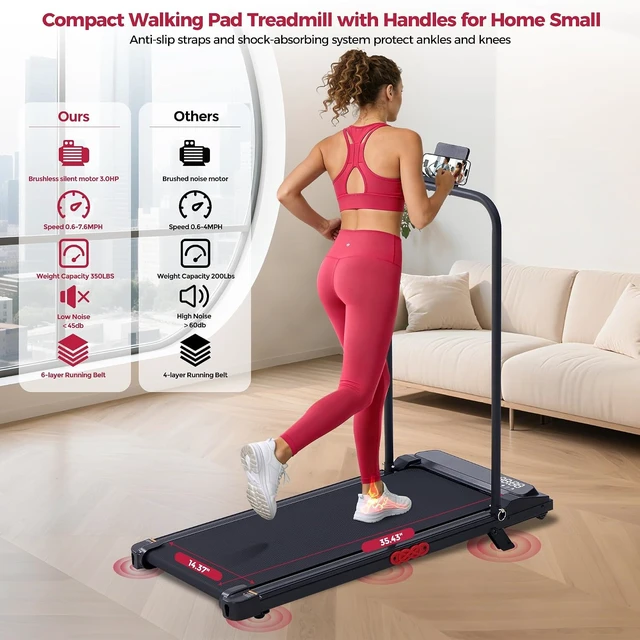 Alt view image 3 of 7 - Small Treadmill for Home, Walking Pad Treadmill with Incline and Handle Bar, 3.0HP Electric Under Desk Treadmill for Small Space, 0.6-7.6MPH Portable Mini Exercise Treadmills, 350LBS Capacity