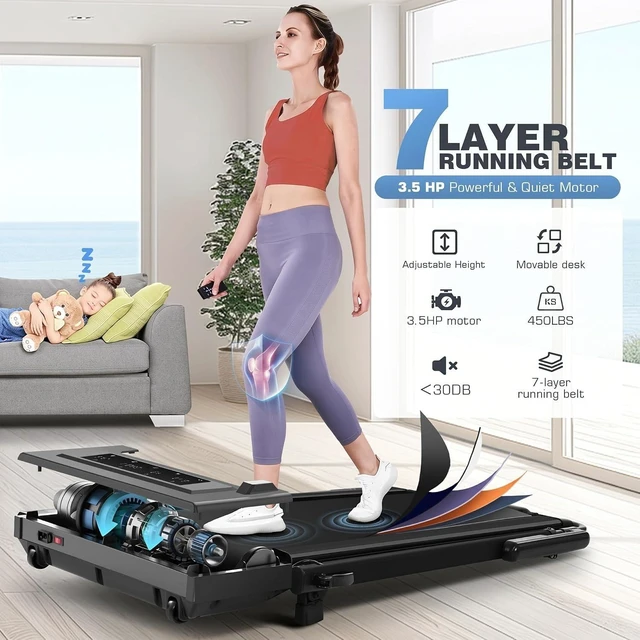 Alt view image 6 of 7 - Walking Pad Treadmill with Desk Workstation,3.5 HP Foldable Treadmills with 15% Incline & Handle Bar,450lbs Capacity,2s Folding,Ultra-Quiet,Small/Compact Under Desk Treadmills for Home Office