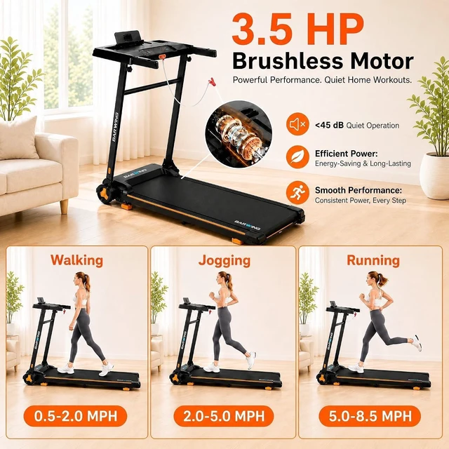 Alt view image 4 of 7 - BARWING Foldable Incline Walking Pad 3.0/3.5 HP Treadmills for Home, 7.5/8.5 MPH Under Desk Treadmill with Handles, Foldable Treadmill with Quiet Brushless, 330 LBS Weight Capacity