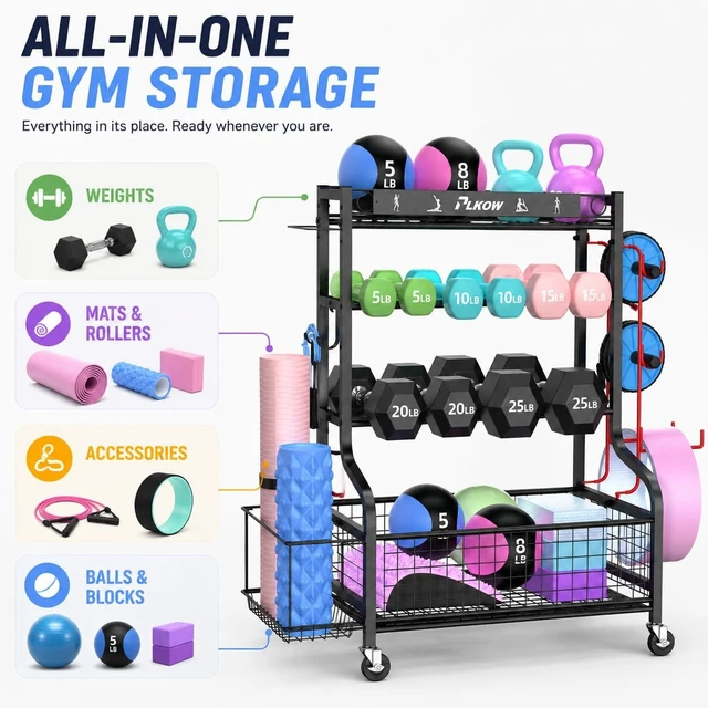 Alt view image 3 of 7 - PLKOW Dumbbell Rack, Weight Rack for Home Gym Storage with Wheels and Hooks
