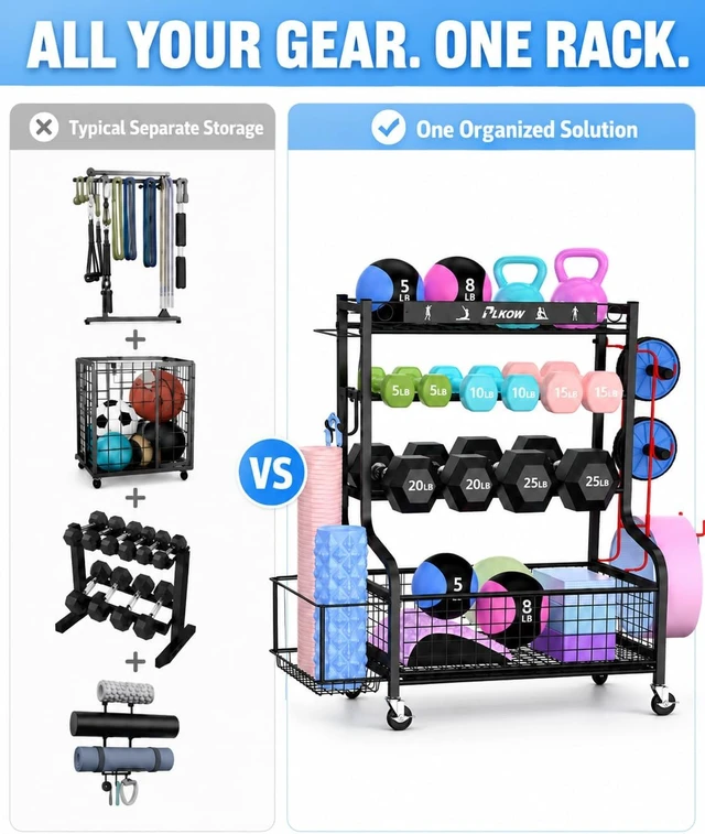 Alt view image 5 of 7 - PLKOW Dumbbell Rack, Weight Rack for Home Gym Storage with Wheels and Hooks