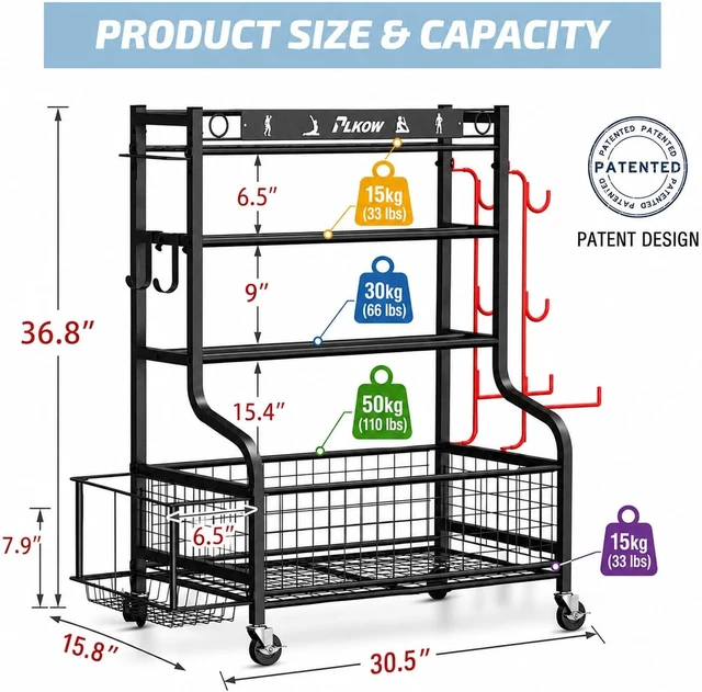 Alt view image 6 of 7 - PLKOW Dumbbell Rack, Weight Rack for Home Gym Storage with Wheels and Hooks