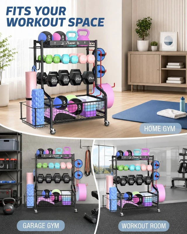 Alt view image 7 of 7 - PLKOW Dumbbell Rack, Weight Rack for Home Gym Storage with Wheels and Hooks