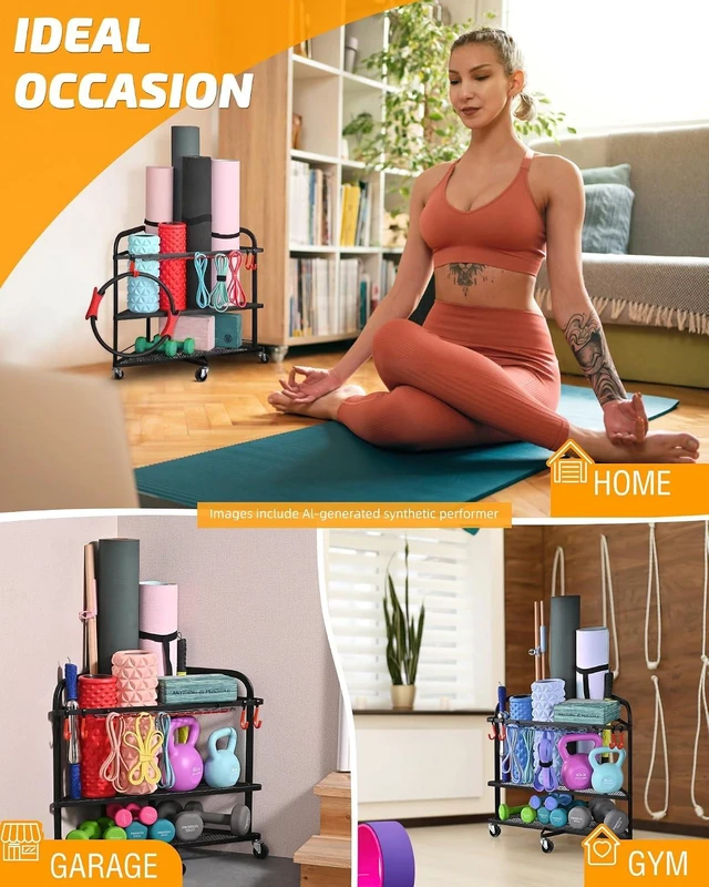Alt view image 3 of 5 - PLKOW Home Gym Storage Rack with Wheels, Dumbbell Rack & Yoga Mat Organizer