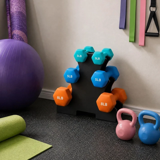 Alt view image 5 of 6 - Fitvids Set of 6 Neoprene Dumbbell Hand Weights, Set with Rack: 3/5/8 Pairs