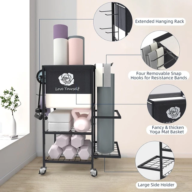Alt view image 2 of 7 - Multi-Functional Home Gym Storage Rack,Yoga Mat Storage on Wheels