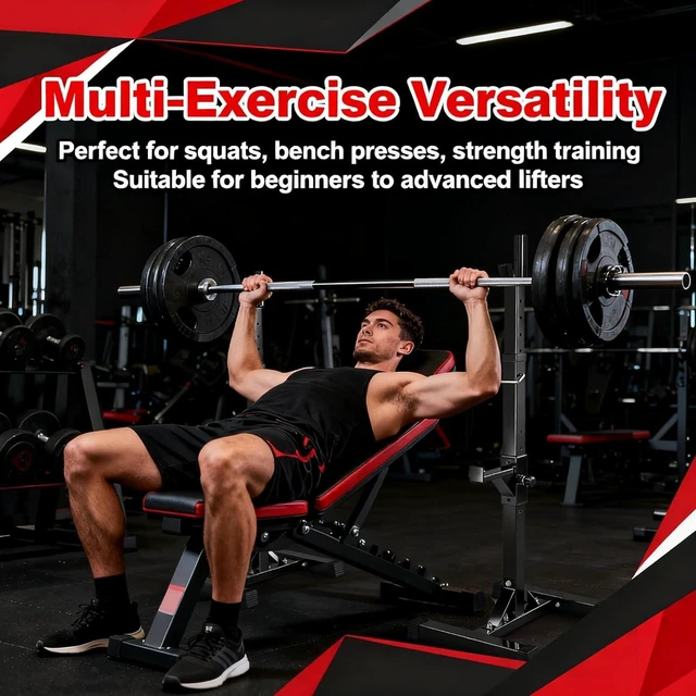 Alt view image 2 of 7 - JupiterForce Adjustable Squat Rack Stands, Pair of Sturdy Steel Bench Press Rack, Barbell Rack, 40''-66'' 550lbs Max Load Portable Dumbbell Racks Stands for Home Gym, Black