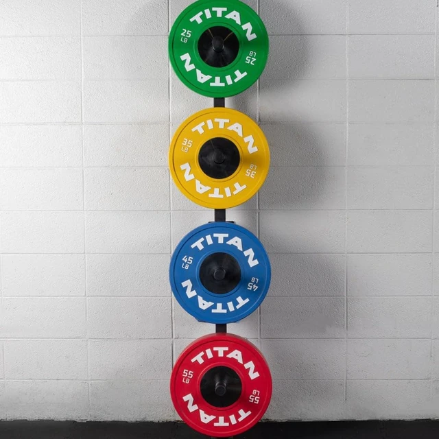 Alt view image 2 of 7 - Titan Fitness Weight Plate Wall Mounted Storage Rack, Angled 4-Peg Design, Olympic Sized Weight Plate Organizer, Rated 800 LB, Anchored Wall Mounted Storage