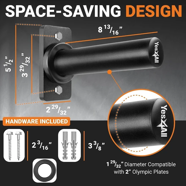 Alt view image 4 of 7 - Yes4All Vertical Wall Mounted Olympic Barbell Holder, Barbell Storage Rack, Hanging Barbell Rack for Home Fitness Equipment