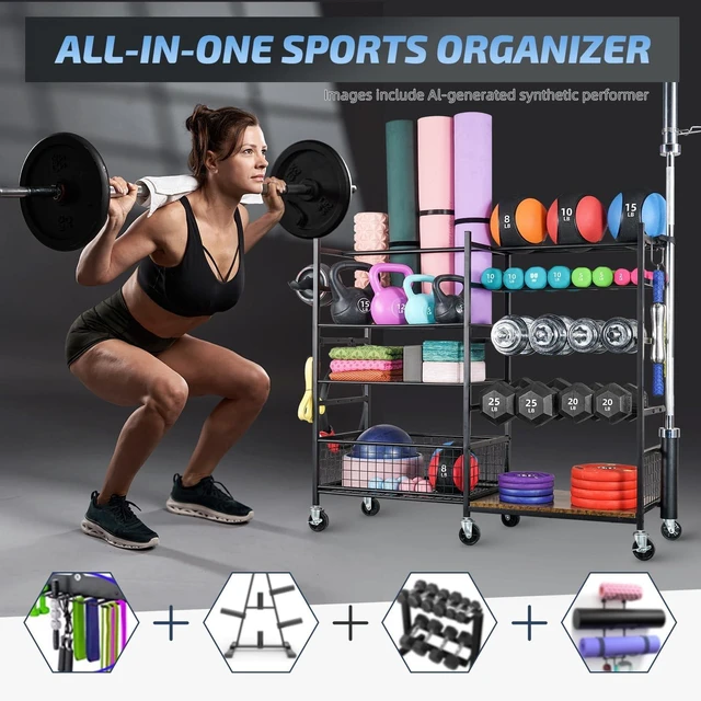 Alt view image 2 of 7 - PLKOW Dumbbell Rack, Weight Rack for Home Gym Storage with Wheels and Hooks