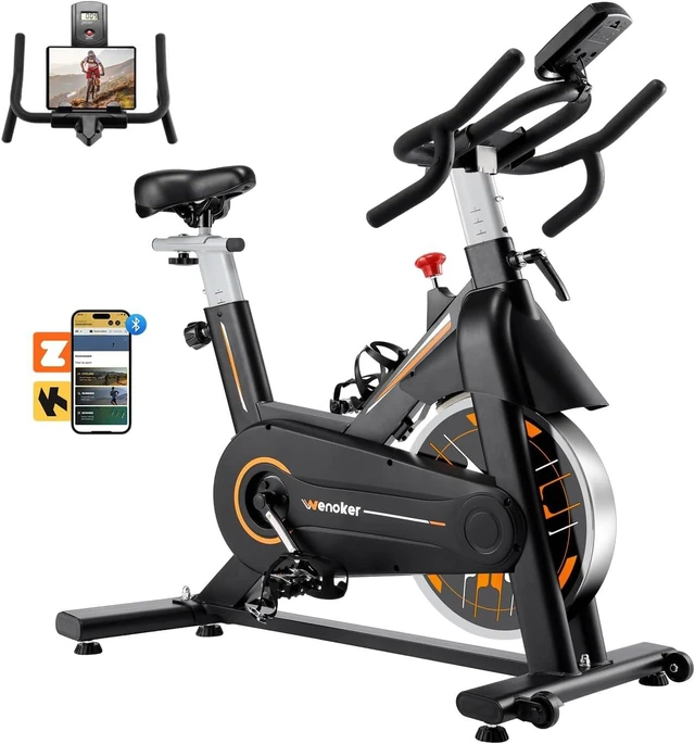 Main image of Exercise Bike, Wenoker Stationary Bike for Home, App Supported Indoor Bike with Adjustable Seat and Multi-grips Handlebar, Transport Wheels and Fitness Courses