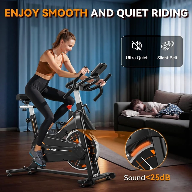 Alt view image 3 of 7 - Exercise Bike, Wenoker Stationary Bike for Home, App Supported Indoor Bike with Adjustable Seat and Multi-grips Handlebar, Transport Wheels and Fitness Courses