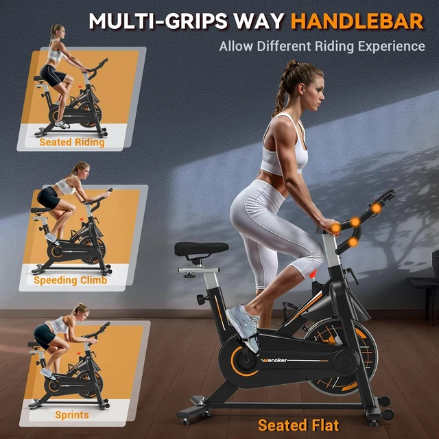 Alt view image 6 of 7 - Exercise Bike, Wenoker Stationary Bike for Home, App Supported Indoor Bike with Adjustable Seat and Multi-grips Handlebar, Transport Wheels and Fitness Courses