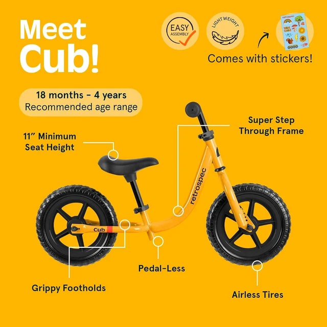 Alt view image 2 of 7 - Retrospec Cub Toddler Balance Bike for Ages 18 Months - 3 Years - 12in No-Pedal Beginner Bicycle with Adjustable Seat, Puncture-Proof Tires & Safe Low Frame Design