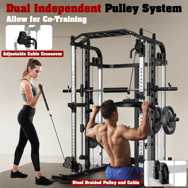 Alt view image 2 of 6 - Smith Machine, Multifunctional Power Cage Rack with Smith Bar and Cable Pulley System, and LAT Pull Down Machine for Home Gym
