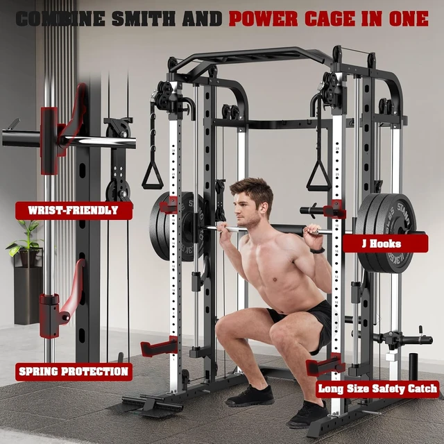 Alt view image 3 of 6 - Smith Machine, Multifunctional Power Cage Rack with Smith Bar and Cable Pulley System, and LAT Pull Down Machine for Home Gym