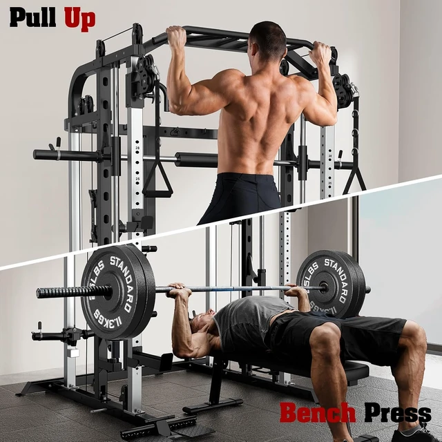 Alt view image 4 of 6 - Smith Machine, Multifunctional Power Cage Rack with Smith Bar and Cable Pulley System, and LAT Pull Down Machine for Home Gym