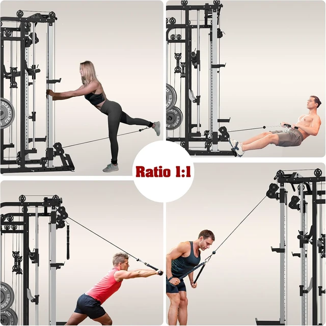 Alt view image 6 of 6 - Smith Machine, Multifunctional Power Cage Rack with Smith Bar and Cable Pulley System, and LAT Pull Down Machine for Home Gym