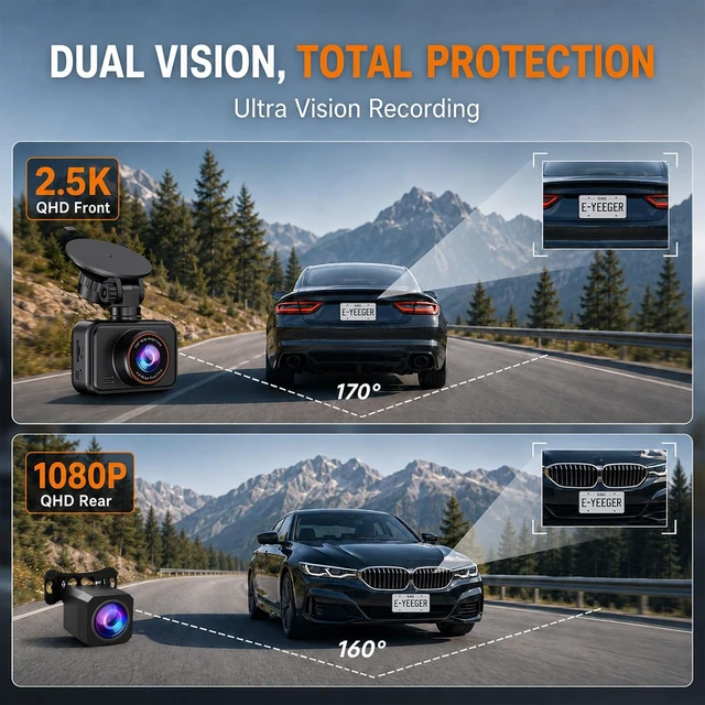 Alt view image 3 of 7 - Dash Cam Front and Rear for Cars, 2.5K+1080P Dual Camera with 2" Screen
