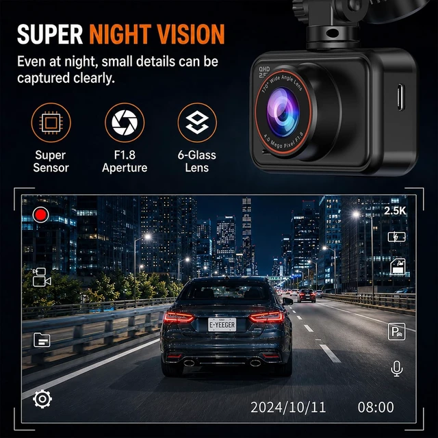 Alt view image 4 of 7 - Dash Cam Front and Rear for Cars, 2.5K+1080P Dual Camera with 2" Screen