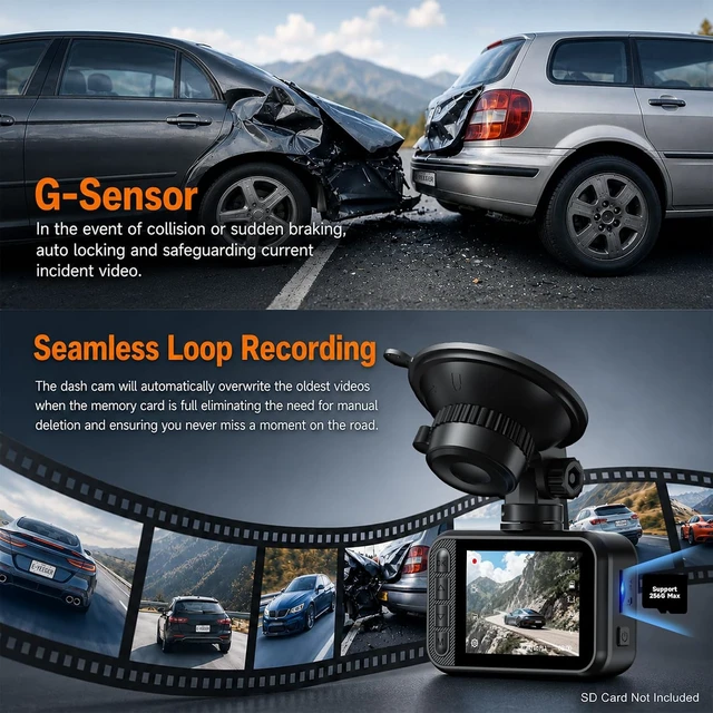Alt view image 5 of 7 - Dash Cam Front and Rear for Cars, 2.5K+1080P Dual Camera with 2" Screen