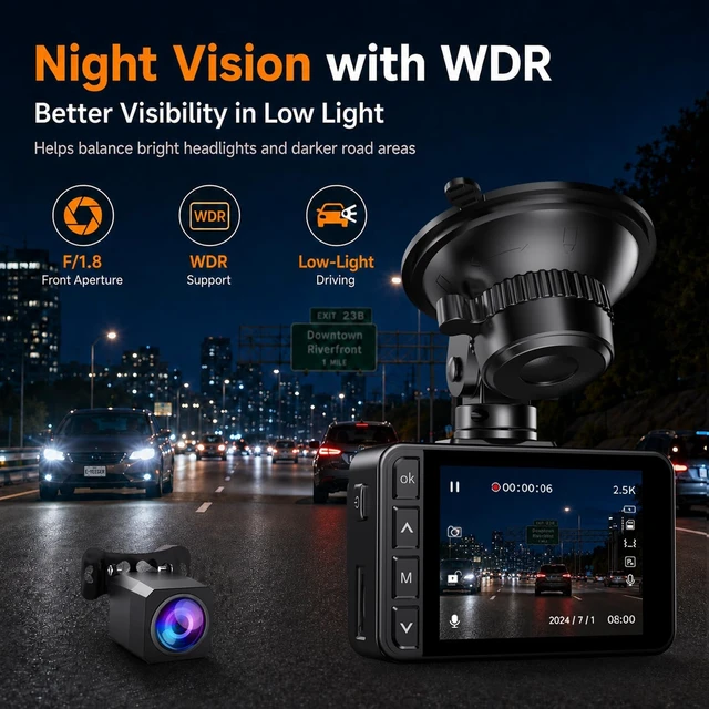 Alt view image 4 of 7 - Dash Cam Front and Rear, 2.5K+1080P Dual Camera for Cars, 2" IPS Screen