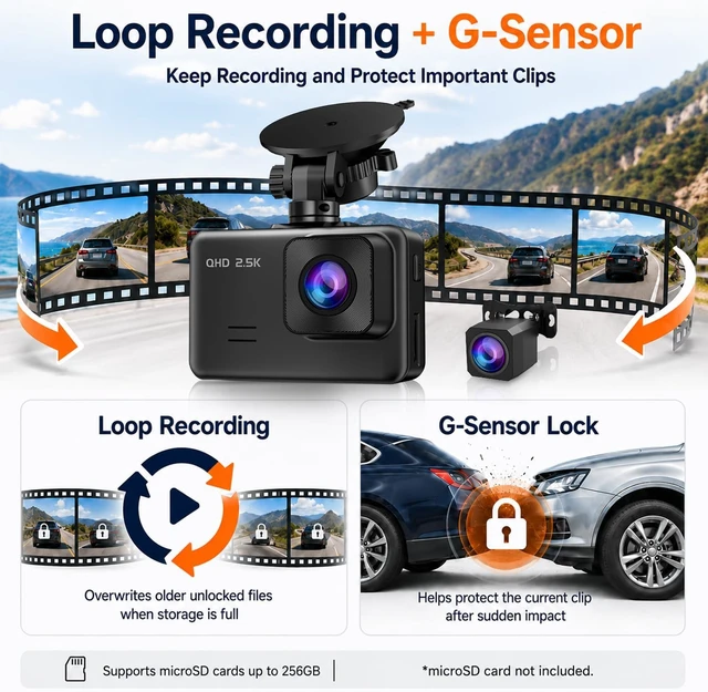 Alt view image 5 of 7 - Dash Cam Front and Rear, 2.5K+1080P Dual Camera for Cars, 2" IPS Screen