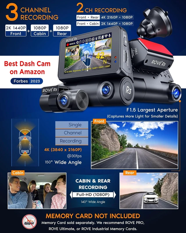 Alt view image 3 of 7 - ROVE R3 3 Channel Dash Cam Front and Rear with Cabin, 3in IPS Touch Screen