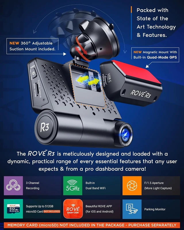 Alt view image 4 of 7 - ROVE R3 3 Channel Dash Cam Front and Rear with Cabin, 3in IPS Touch Screen