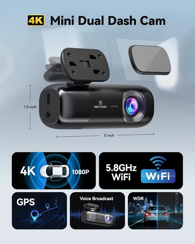 Alt view image 2 of 7 - REDTIGER F9 4K Dash Cam Front and Rear 1080P, 5.8GHz WiFi & Smart App