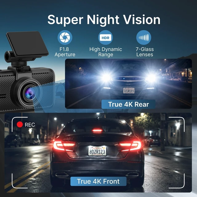 Alt view image 3 of 7 - Dash Cam Front Rear, 4K Front + 4K Rear Full HD Dash Camera for Cars Built-in Wi-Fi Bluetooth GPS with 64GB SD Card, 3.0 IPS Screen with App Control, G-Sensor, HDR, Night Vision, 24H Parking Mode