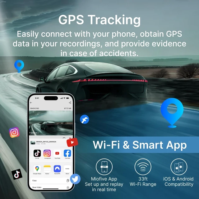 Alt view image 6 of 7 - Dash Cam Front Rear, 4K Front + 4K Rear Full HD Dash Camera for Cars Built-in Wi-Fi Bluetooth GPS with 64GB SD Card, 3.0 IPS Screen with App Control, G-Sensor, HDR, Night Vision, 24H Parking Mode