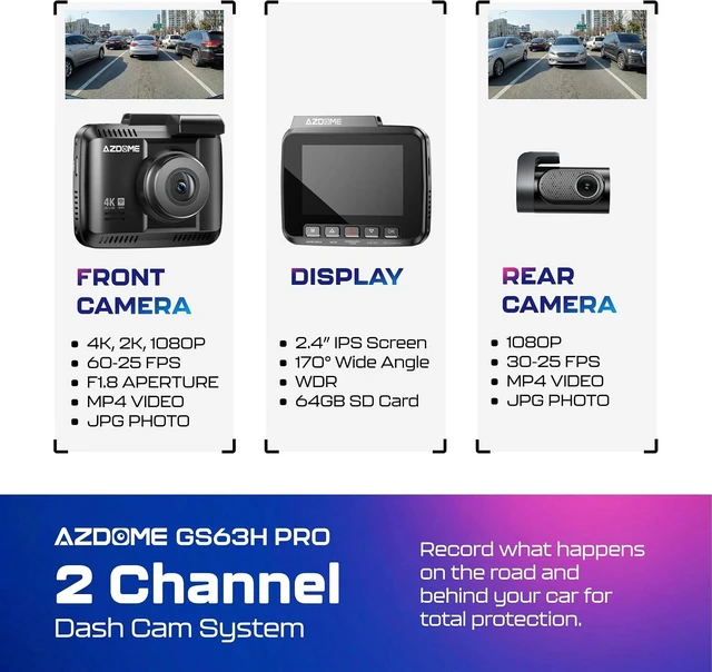 Alt view image 2 of 7 - AZDOME GS63H Pro 2CH Dash Cam 4K with Super Night Vision & ADAS 24H Parking Mode - 4K Dual Dash Cam - Built-in WiFi - GPS Tracking - Collision Detection - Multiple Parking Modes