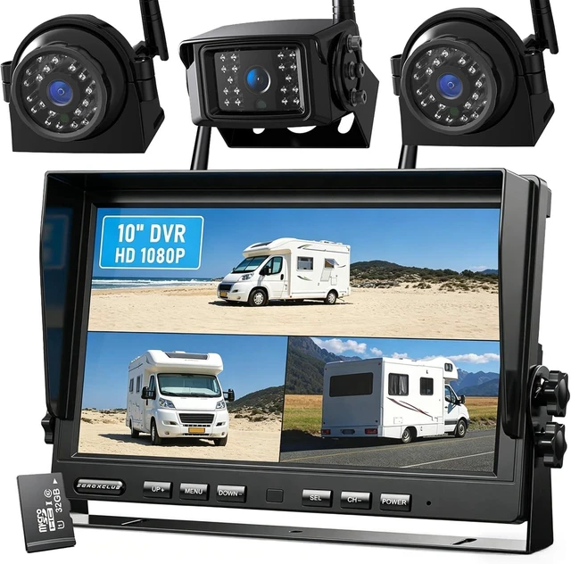 Main image of ZEROXCLUB 1080P Wireless Backup Camera System Kit with 10'' DVR 3 Split Monitor, IP69 Waterproof Digital Signal Record System 1 Rear 2 Side View Cameras for RV/Truck/Trailer/CamperBW103SL