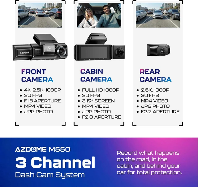 Alt view image 2 of 7 - AZDOME M550 3CH Dash Cam 4K - 3.19" Screen IR Night Vision - 24H Parking Mode - 3-Channel Dash Cam - Interior IR Camera - Built-in GPS & WiFi - Three-Mode Parking Monitor